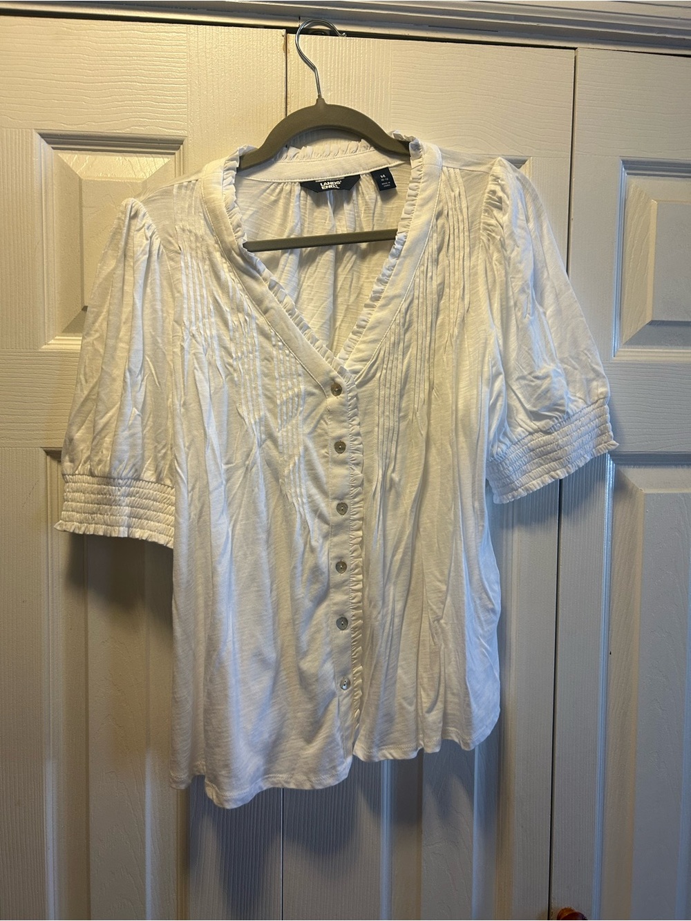 Lands' End White V-Neck Button Front Blouse